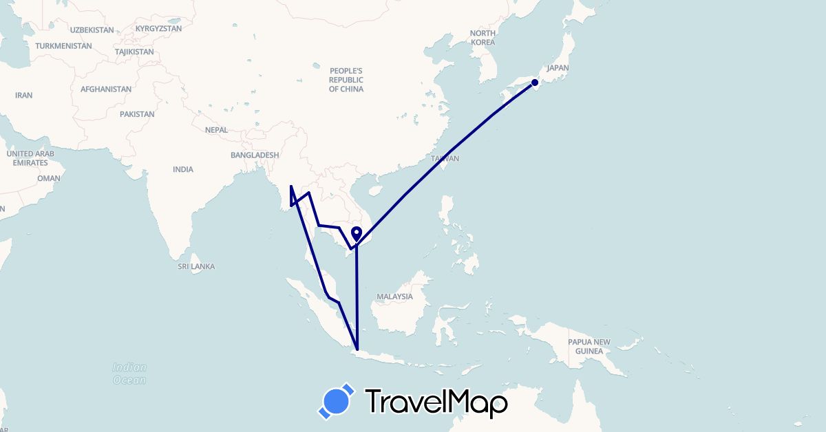 TravelMap itinerary: driving in Indonesia, Japan, Cambodia, Myanmar (Burma), Malaysia, Singapore, Thailand, Vietnam (Asia)